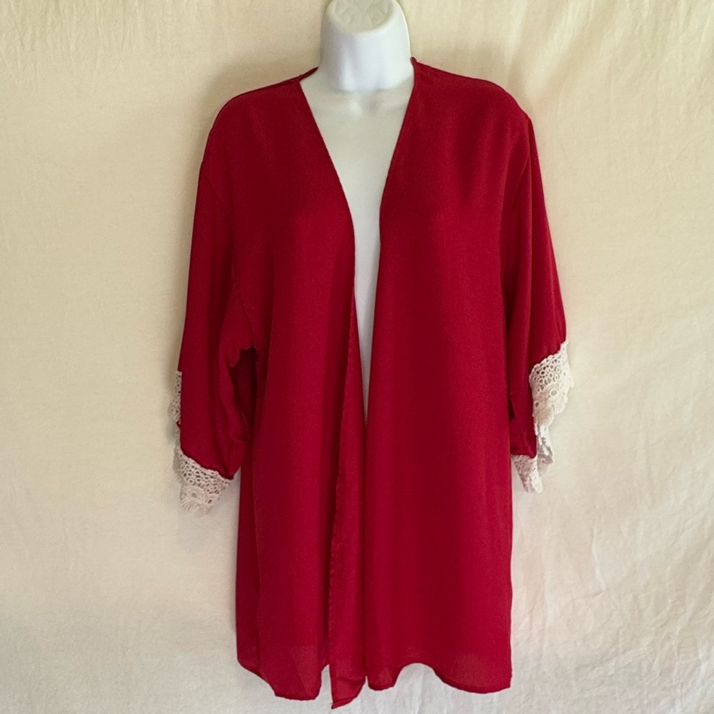 D-182 Peach Love California Red & White Lace Trim Open Suit Jacket Size S